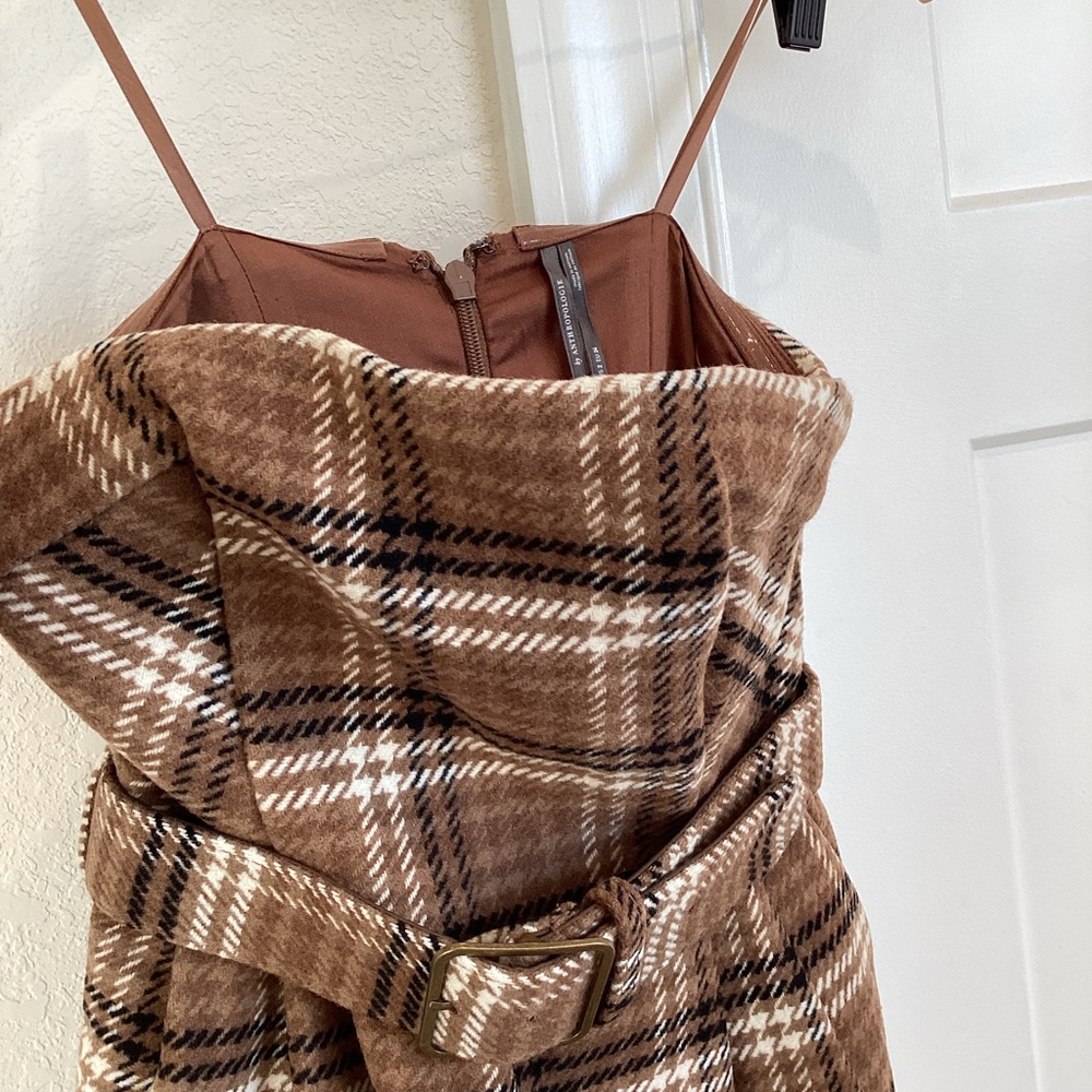 Anthropologie Strapless Belted Midi Dress New Plaid Brown Wool Size 2 - Picture 10 of 16